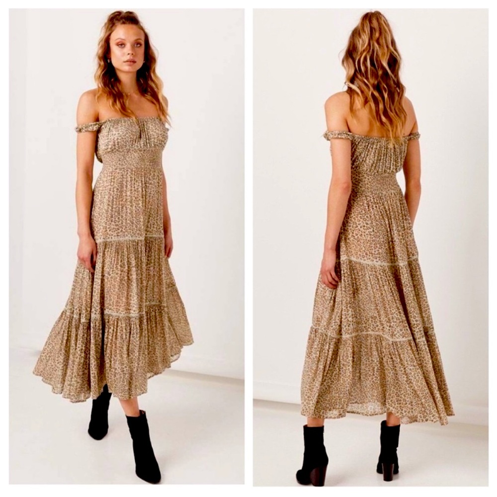 Spell Beige Leopard Print Off-Shoulder Maxi Dress